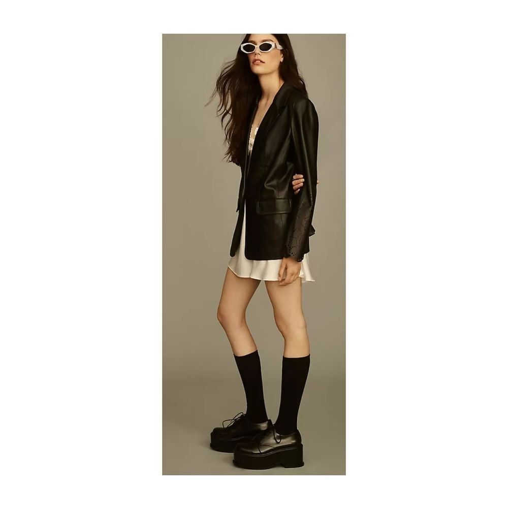 Anthropologie Maeve Eyelet Sleeve Black Faux Leather Blazer